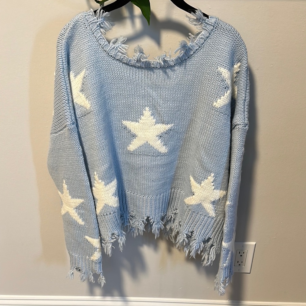 Storia Frayed Light Blue Star Sweater